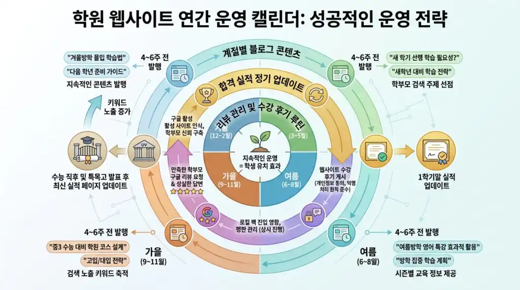 학원 홈페이지 제작 후 연간 운영 캘린더 시즌 콘텐츠 합격 실적 리뷰 관리