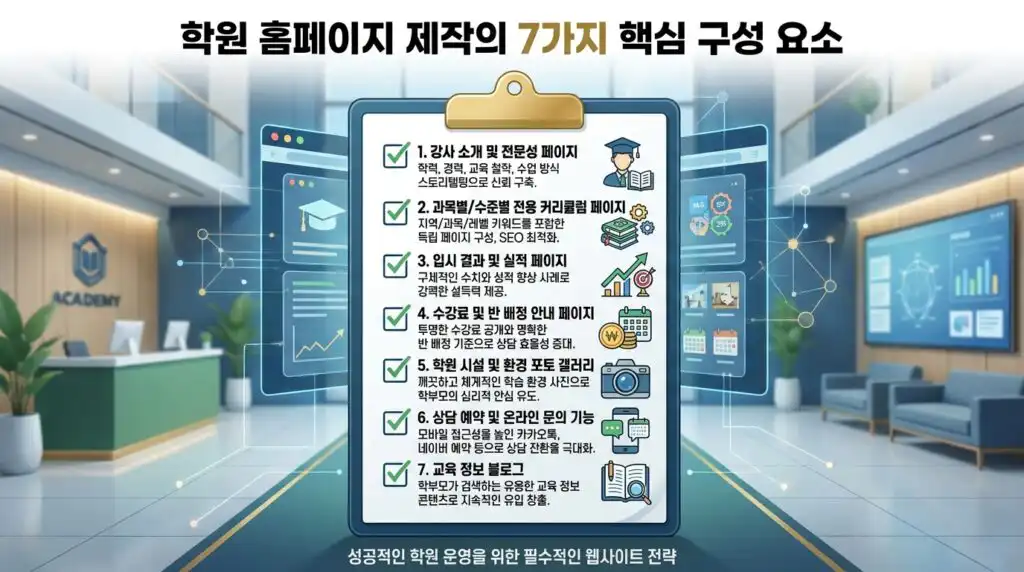 학원 홈페이지 제작 핵심 구성 요소 7가지 체크리스트 강사 커리큘럼 합격 실적