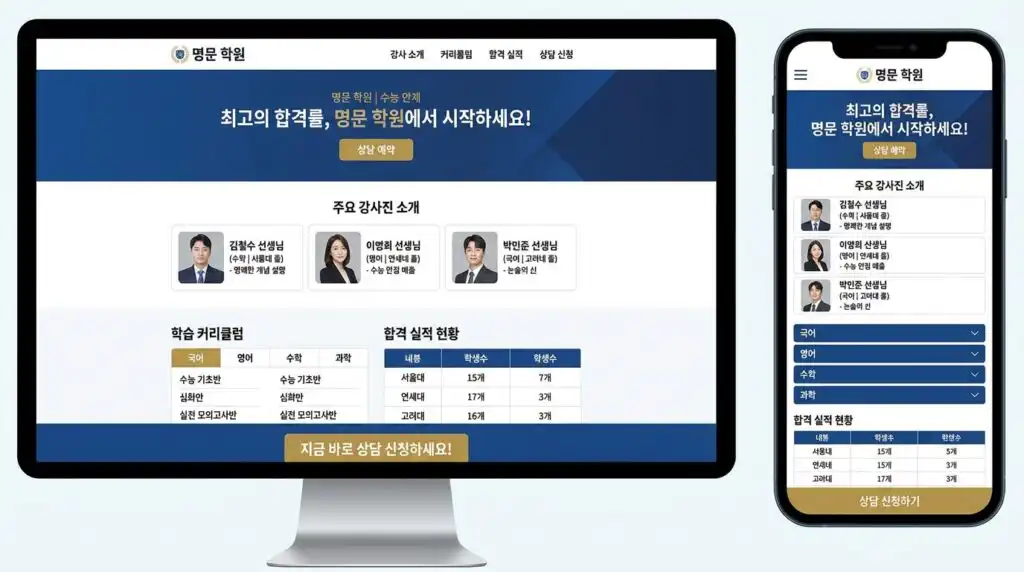 학원 홈페이지 제작 완성 화면 PC 모바일 반응형 강사 커리큘럼 합격 실적 디자인
