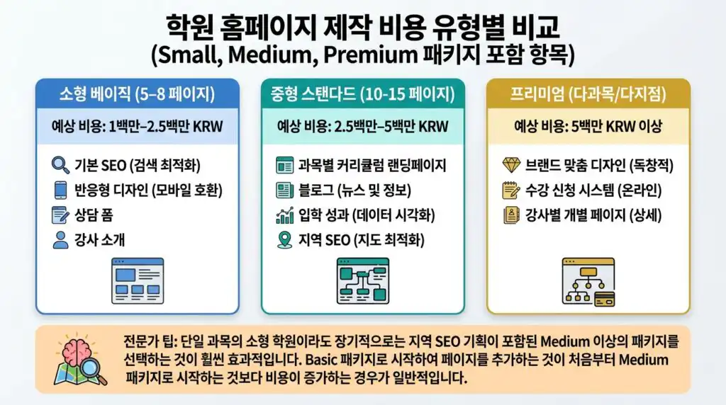 학원 홈페이지 제작 비용 기준표 유형별 비교 인포그래픽