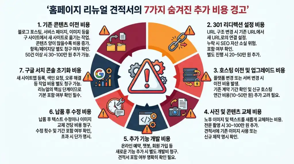 홈페이지 리뉴얼 비용 견적서 숨은 추가 비용 7가지 주의사항 인포그래픽
