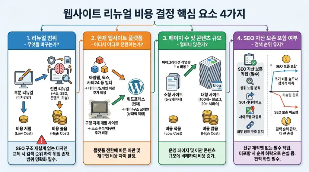 홈페이지 리뉴얼 비용 결정 요소 4가지 리뉴얼 범위 플랫폼 페이지수 SEO 인포그래픽