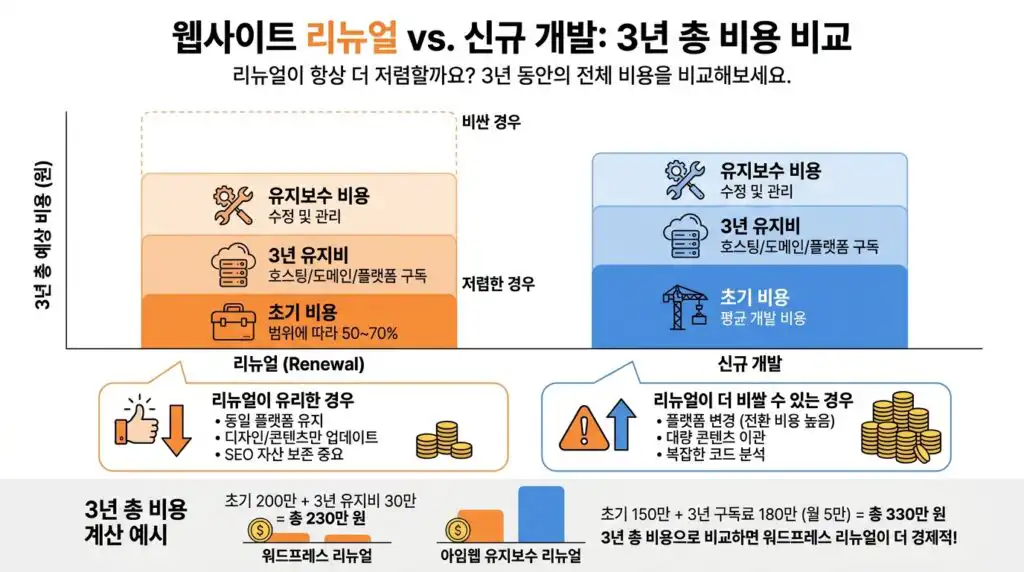 홈페이지 리뉴얼 비용 신규 제작 비용 3년 총비용 비교 그래프 인포그래픽