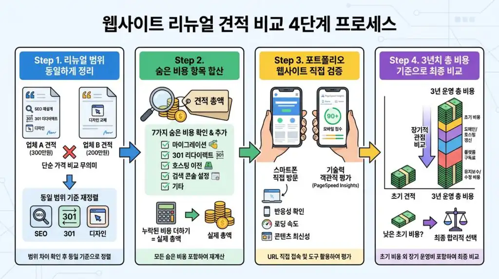 홈페이지 리뉴얼 비용 견적서 비교 4단계 프로세스 흐름도 인포그래픽