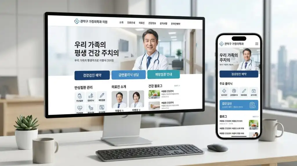 관악구 가정의학과 홈페이지 제작 완성 화면 PC 모바일 반응형 건강검진 금연 예방접종