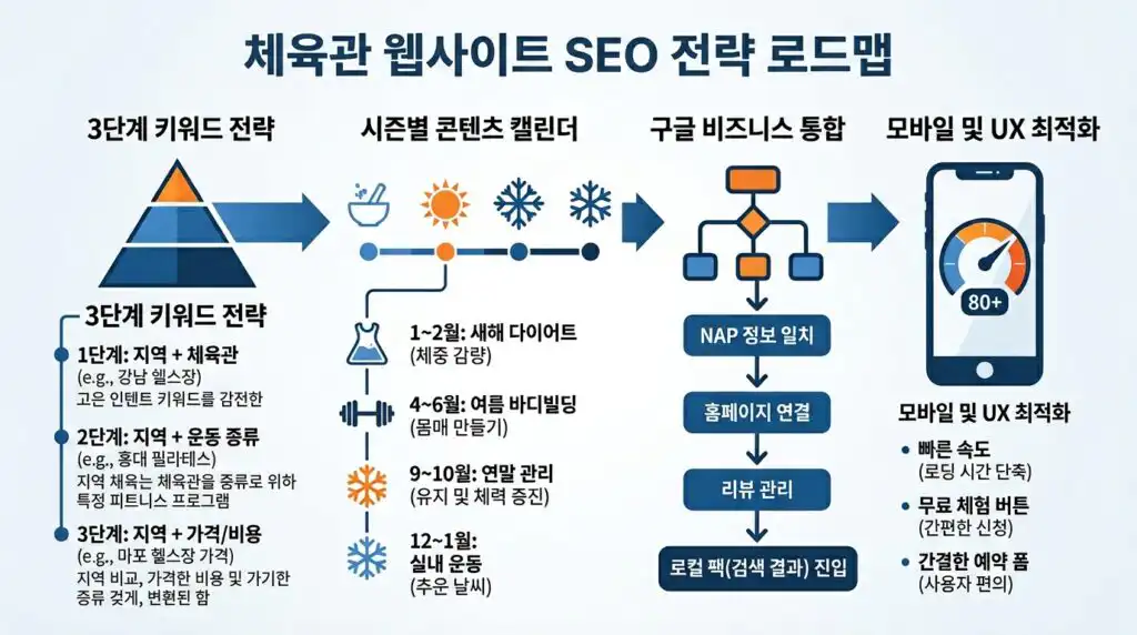 헬스장 홈페이지 제작 SEO 전략 로드맵 지역 키워드 시즌 콘텐츠 구글 비즈니스