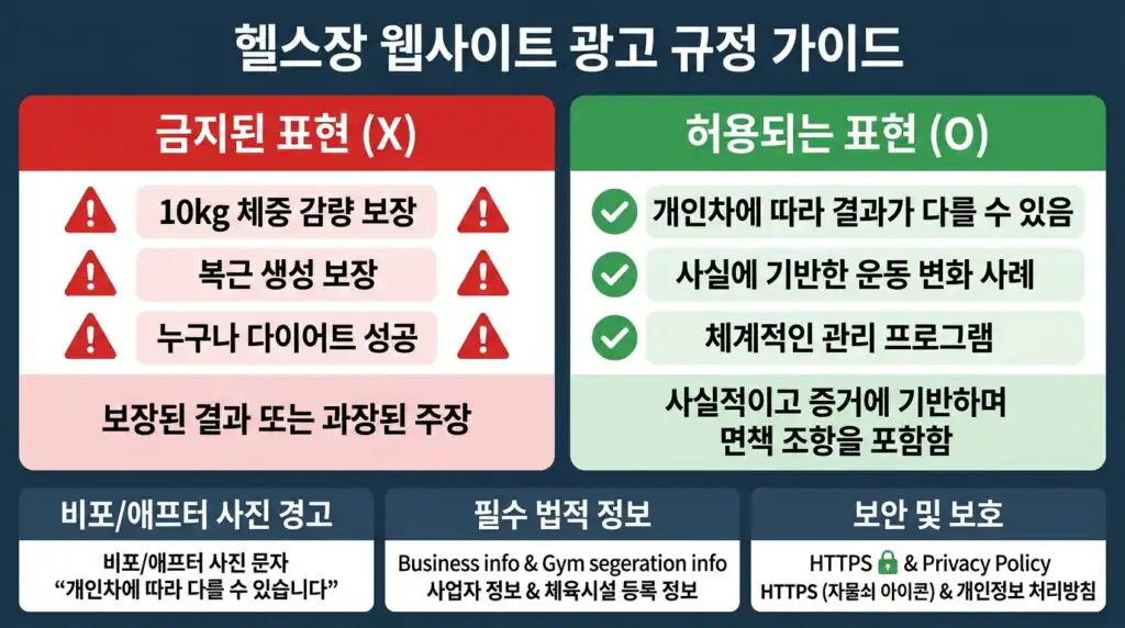 헬스장 홈페이지 제작 광고 표현 규정 다이어트 전후 금지 허용 비교 인포그래픽