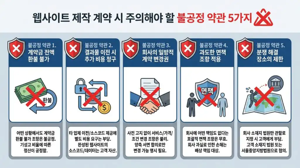 홈페이지 제작 계약서 주의사항 불공정 조항 5가지 착수금 이전 비용 면책 인포그래픽