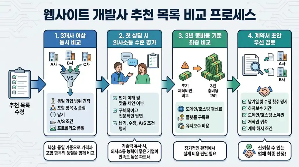 홈페이지 제작 업체 추천 목록 비교 프로세스 3곳 동시 비교 총비용 계약서 검토 흐름도