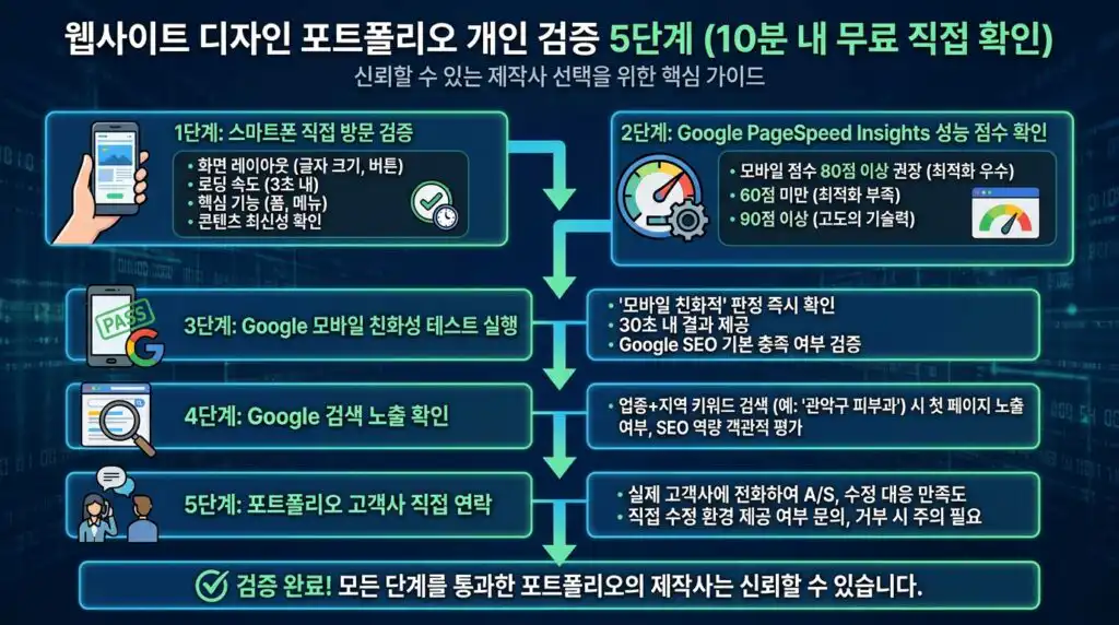 홈페이지 제작 포트폴리오 확인 방법 직접 검증 5가지 단계별 흐름도 인포그래픽