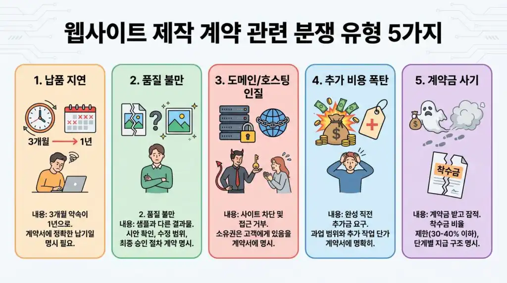 홈페이지 제작 계약서 주의사항 분쟁 유형 5가지 납기 완성도 도메인 추가비 먹튀