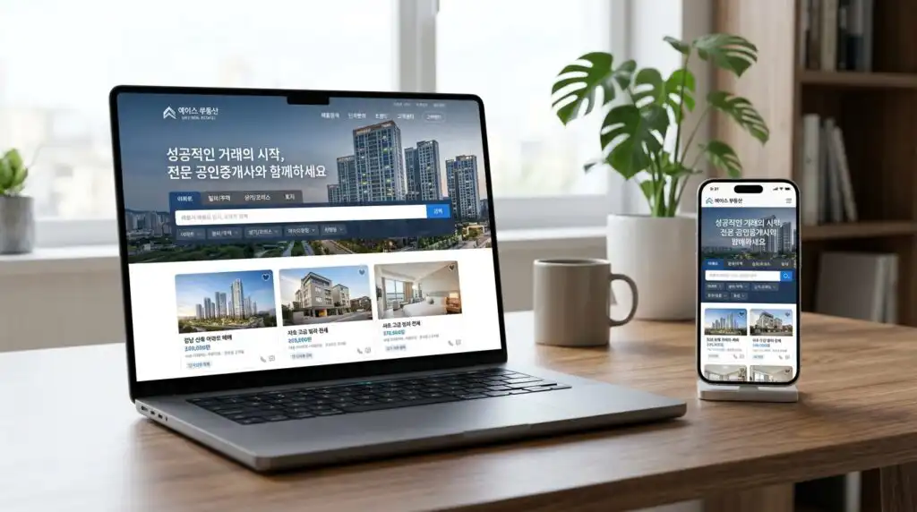 부동산 홈페이지 제작 완성 화면 PC 모바일 반응형 공인중개사 매물 시세 블로그 디자인
