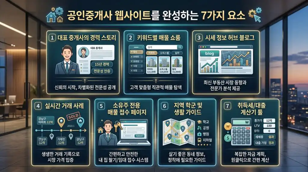 부동산 홈페이지 제작 핵심 구성 요소 7가지 중개사 소개 매물 시세 거래사례 인포그래픽