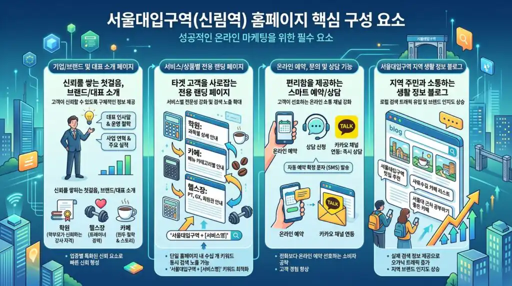 서울대입구 홈페이지 제작 핵심 구성 요소 업체소개 랜딩페이지 예약 블로그 인포그래픽