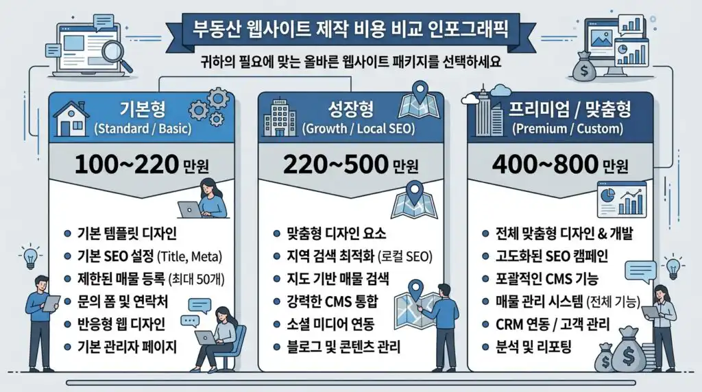 부동산 홈페이지 제작 비용 기준표 소형 중형 매물관리 시스템 포함형 비교 인포그래픽