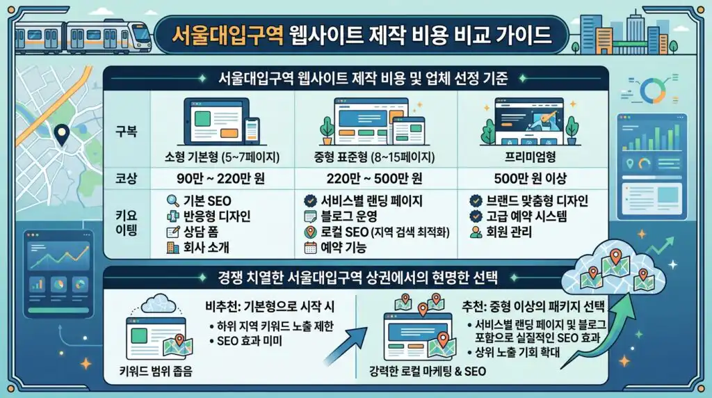 서울대입구 홈페이지 제작 비용 기준표 소형 중형 프리미엄 비교 인포그래픽