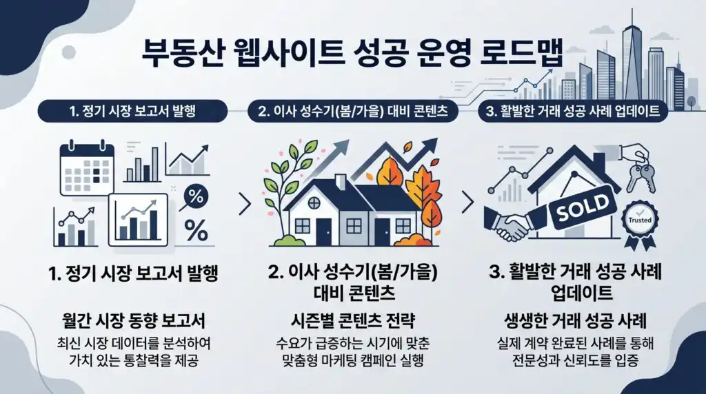 부동산 홈페이지 제작 후 연간 운영 전략 이사 시즌 시세 발행 거래 사례 타임라인