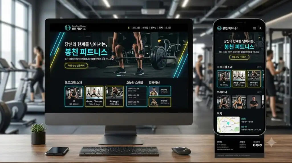 봉천동 홈페이지 제작 완성 화면 PC 모바일 반응형 봉천역 상권 업종 웹사이트 디자인