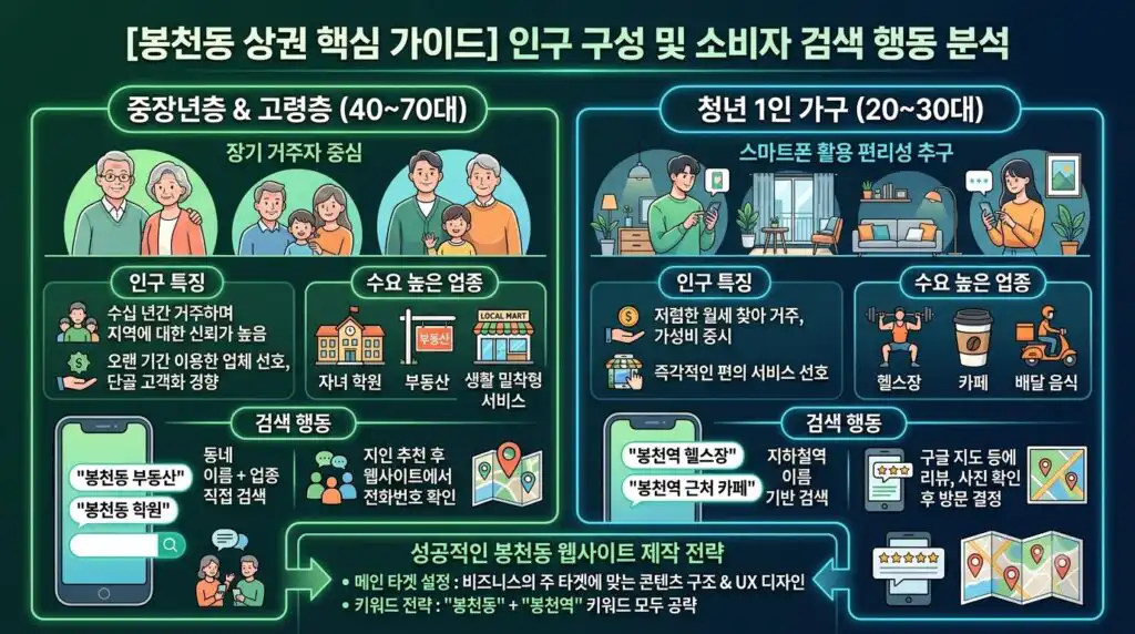 봉천동 홈페이지 제작 봉천역 상권 인구 구성 중장년층 청년 소비층 검색 행동 인포그래픽