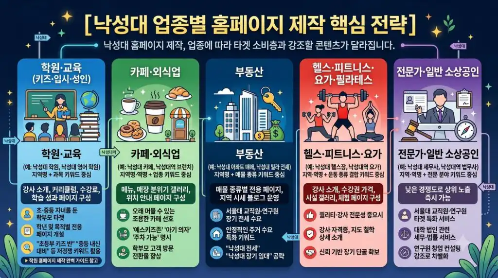 낙성대 홈페이지 제작 업종별 핵심 전략 학원 카페 부동산 헬스장 전문직 인포그래픽
