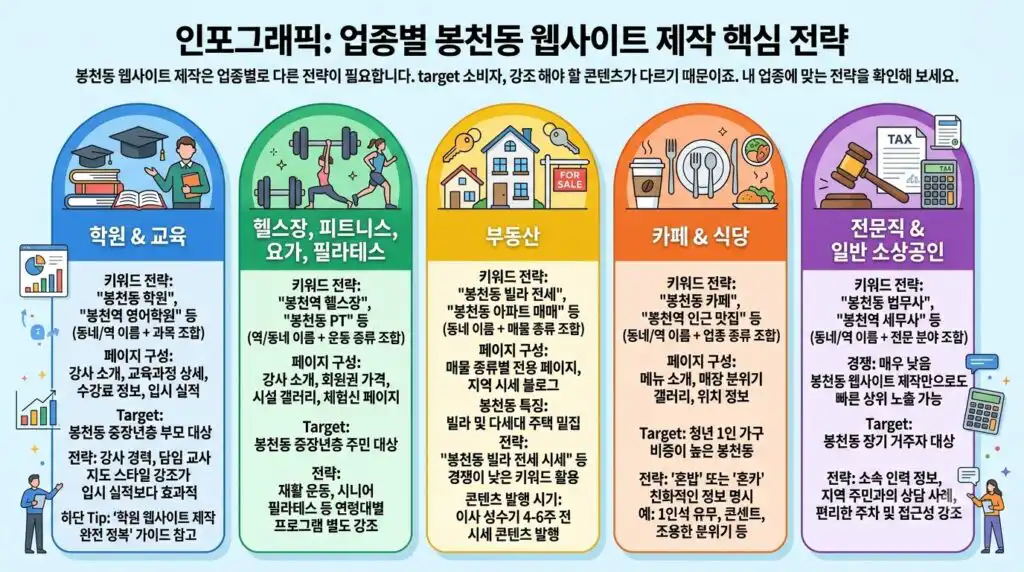 봉천동 홈페이지 제작 업종별 핵심 전략 학원 헬스장 부동산 카페 전문직 인포그래픽