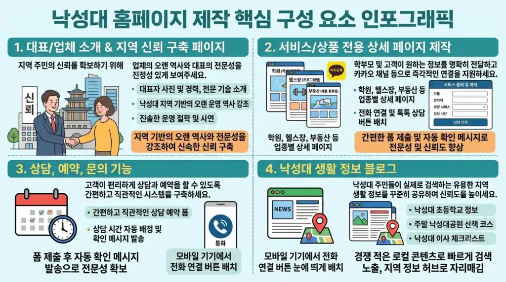 낙성대 홈페이지 제작 핵심 구성 요소 대표소개 랜딩페이지 상담예약 블로그 인포그래픽