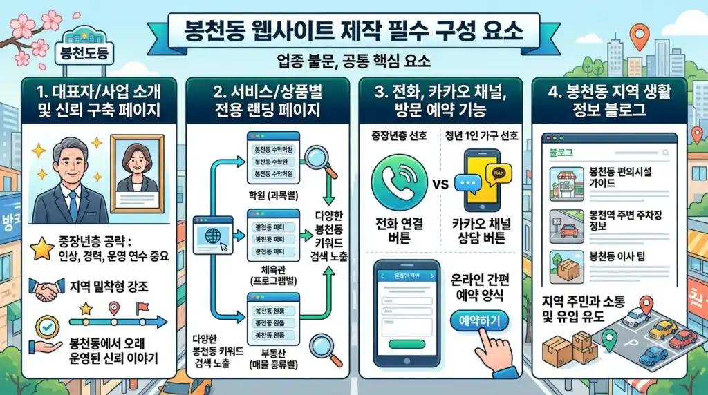 봉천동 홈페이지 제작 핵심 구성 요소 대표소개 랜딩페이지 전화 카카오 블로그 인포그래픽