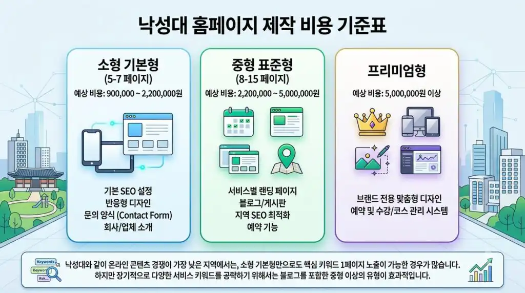 낙성대 홈페이지 제작 비용 기준표 소형 중형 프리미엄 비교 인포그래픽
