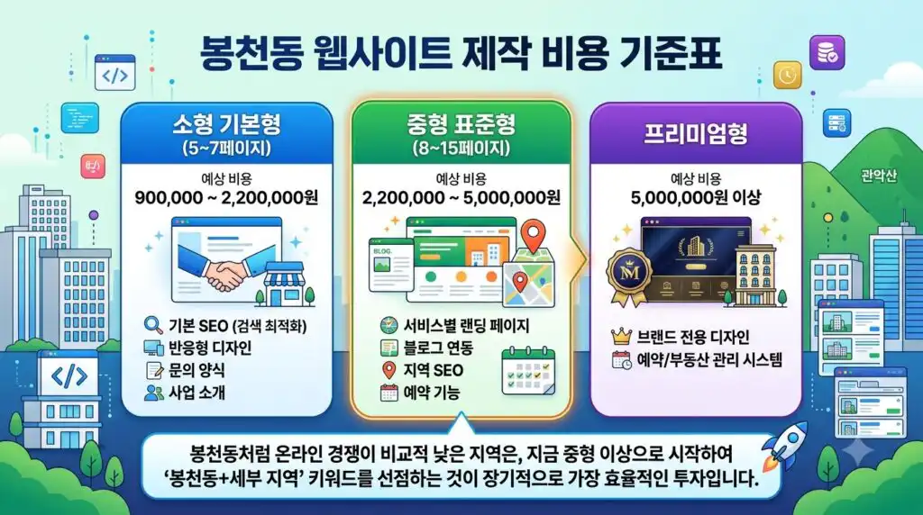봉천동 홈페이지 제작 비용 기준표 소형 중형 프리미엄 비교 인포그래픽
